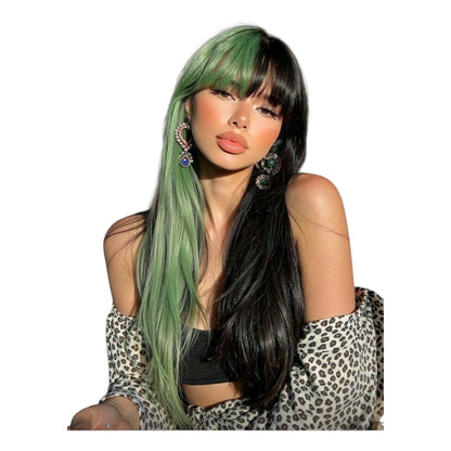Peluca Bicolor Negro Y Verde Cabello Liso