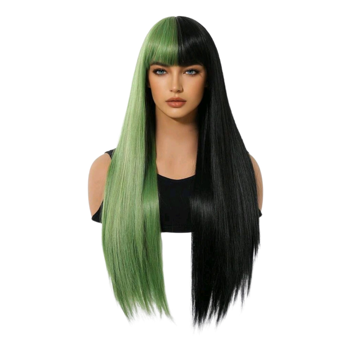 Peluca Bicolor Negro Y Verde Cabello Liso