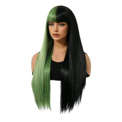 Peluca Bicolor Negro Y Verde Cabello Liso
