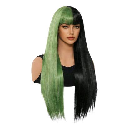 Peluca Bicolor Negro Y Verde Cabello Liso
