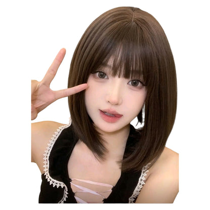 Peluca Cafe Castaño Oscuro Corta BOB Cabello Liso Y Fleco