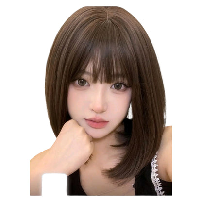 Peluca Cafe Castaño Oscuro Corta BOB Cabello Liso Y Fleco