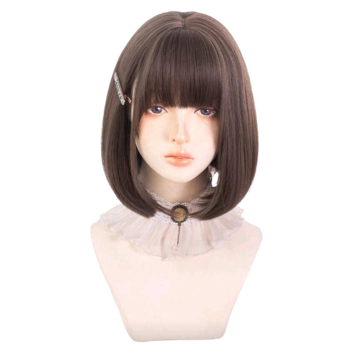 Peluca Cafe Castaño Oscuro Corta BOB Cabello Liso Y Fleco