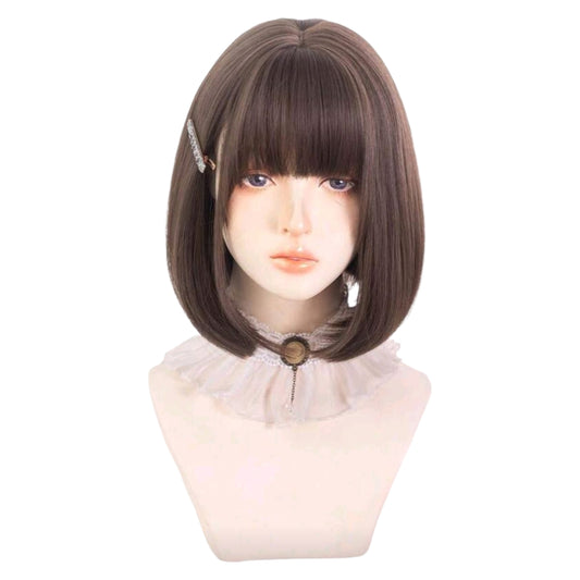 Peluca Cafe Castaño Oscuro Corta BOB Cabello Liso Y Fleco