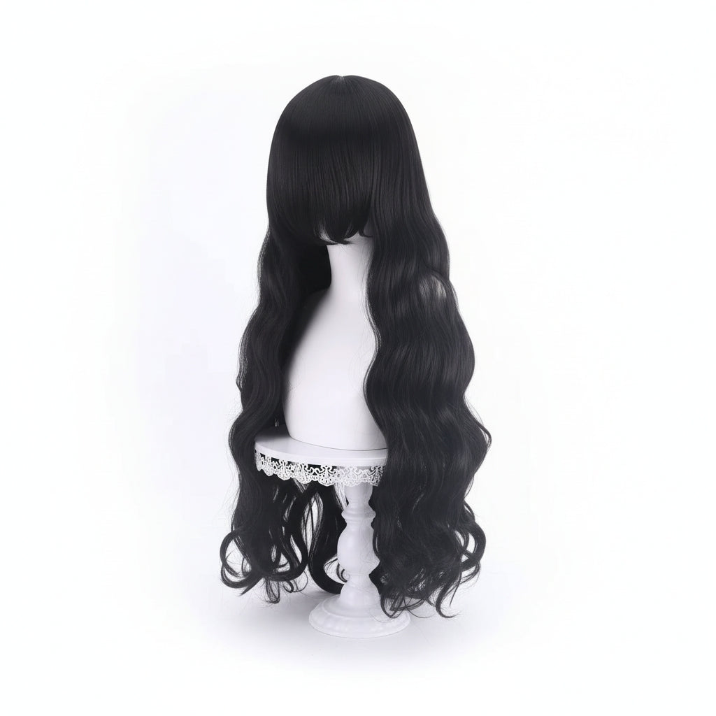 Peluca Negro Ondulada Larga Disfraz y Cosplay O.1