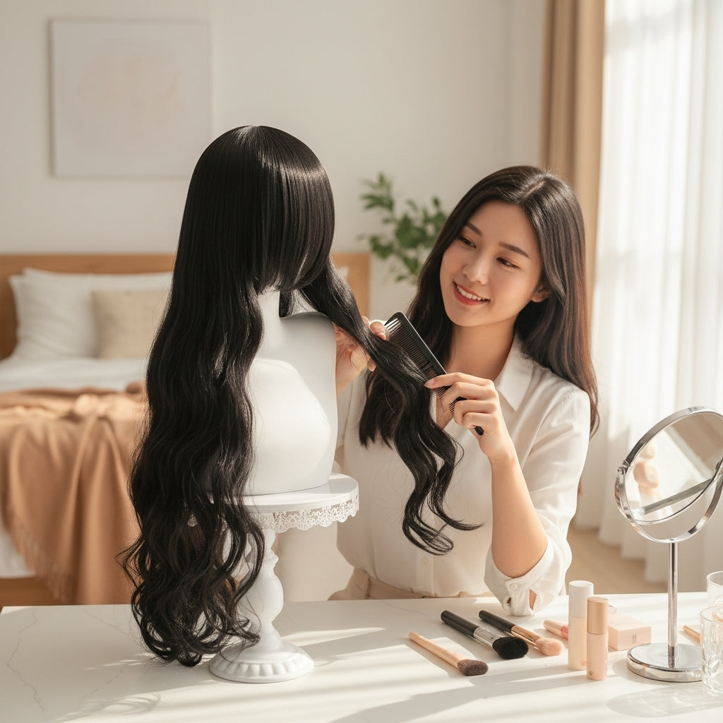 Peluca Negro Ondulada Larga Disfraz y Cosplay O.1