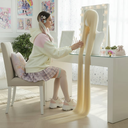 Peluca Rubio Claro Lisa Extra Larga con Fleco 150 cm