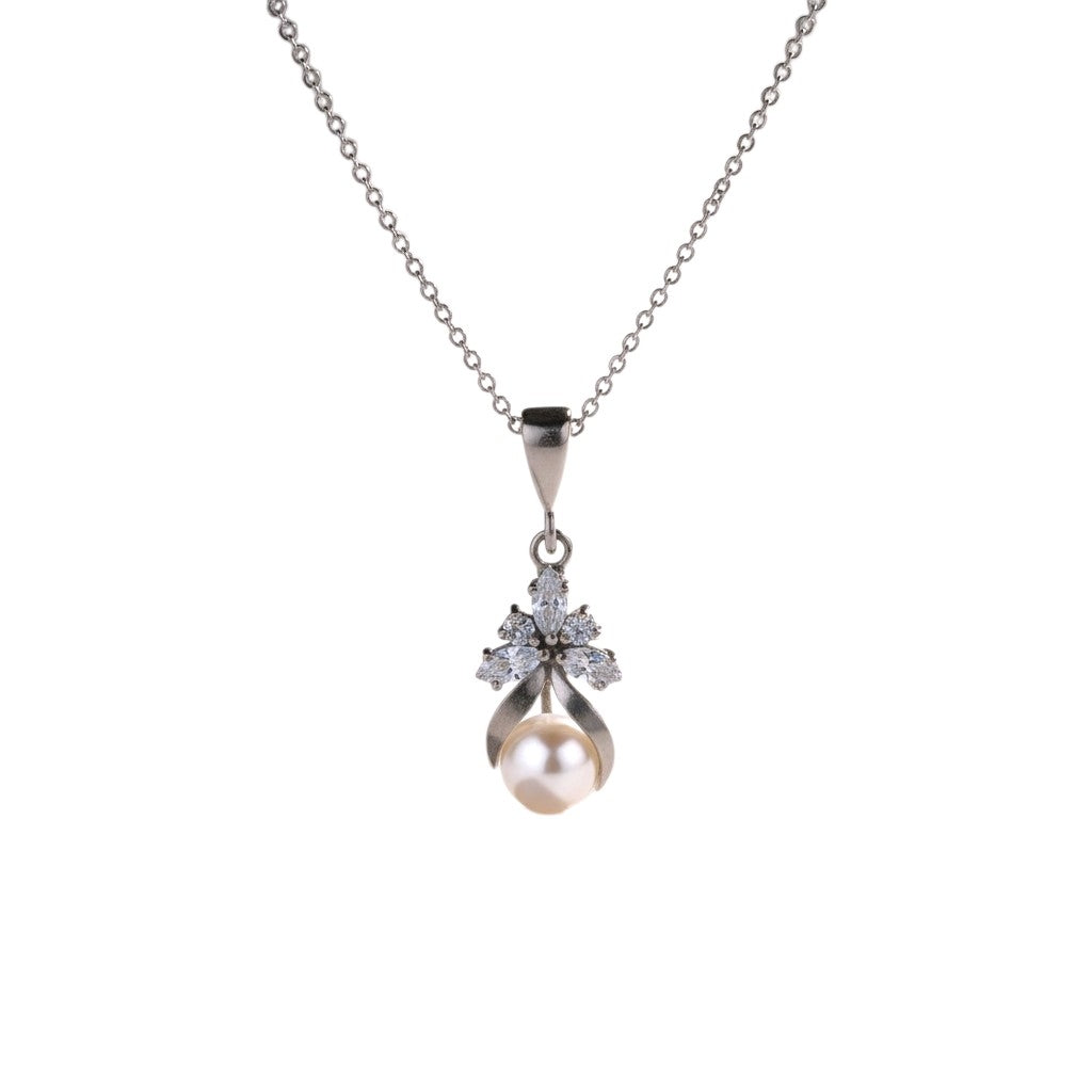 Collar Plata 925 Elegante Dije con Perla y Cristales