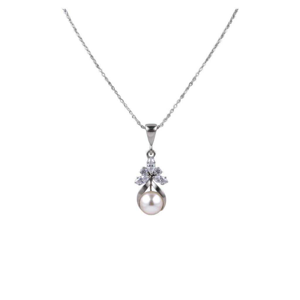 Collar Plata 925 Elegante Dije con Perla y Cristales