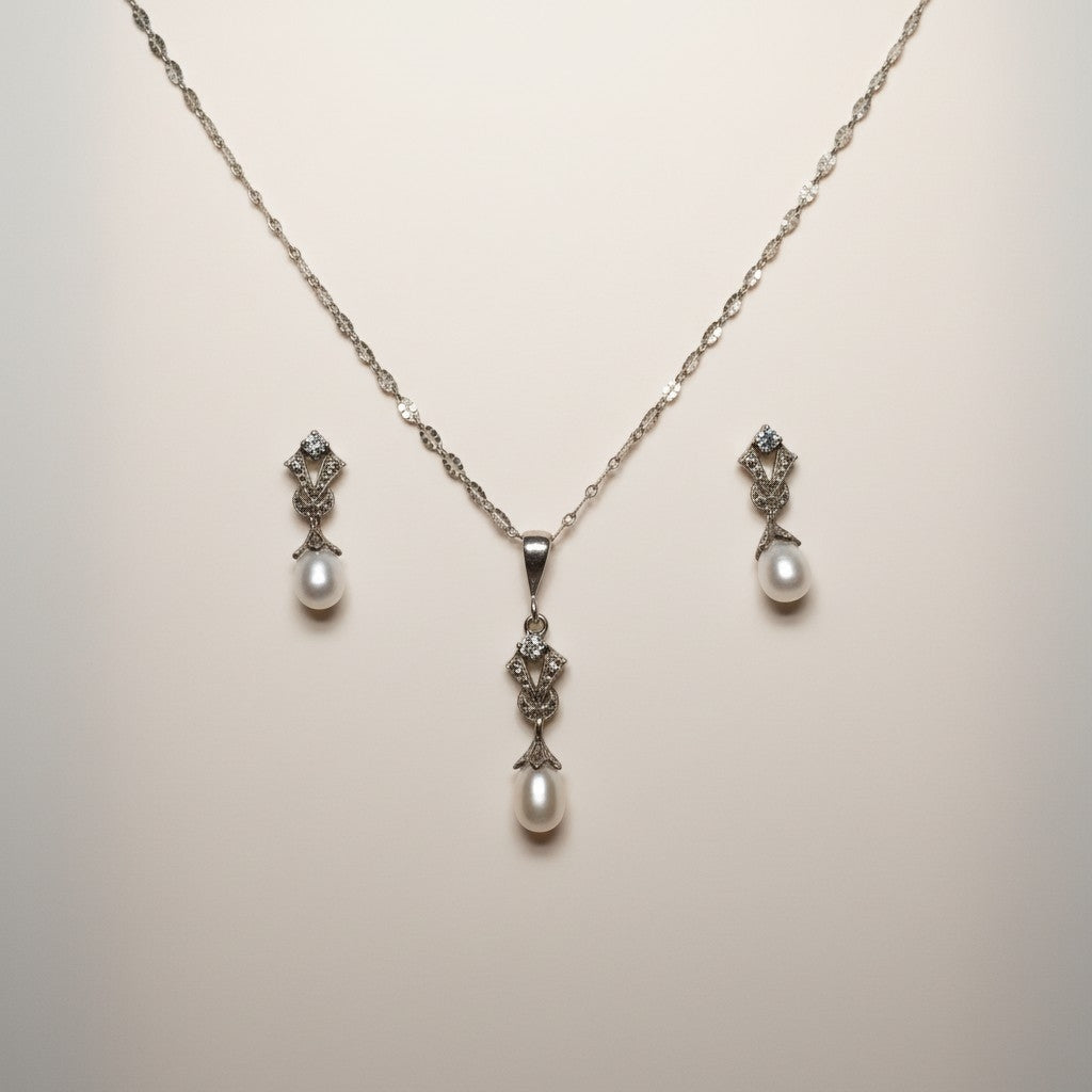 Juego de Joyeria con Perlas Plata 925 Collar y Aretes
