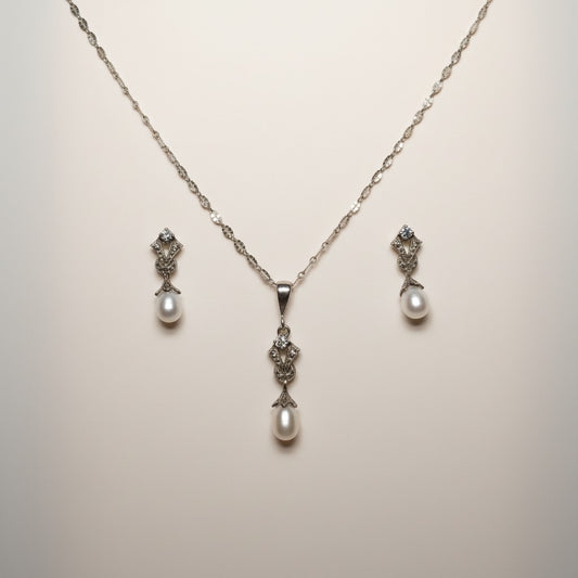 Juego de Joyeria con Perlas Plata 925 Collar y Aretes