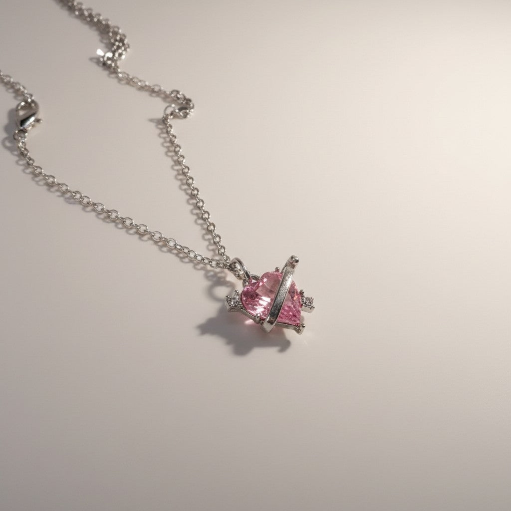 Collar Plateado - Corazón con Piedra Rosa 05