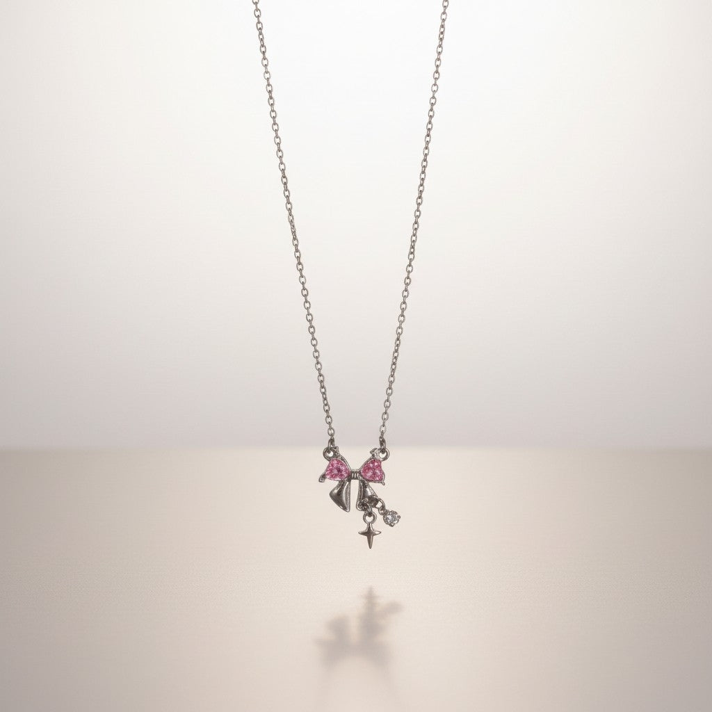 Collar Plateado - Liston Moño con Piedra Rosa