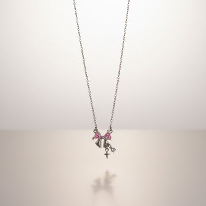 Collar Plateado - Liston Moño con Piedra Rosa