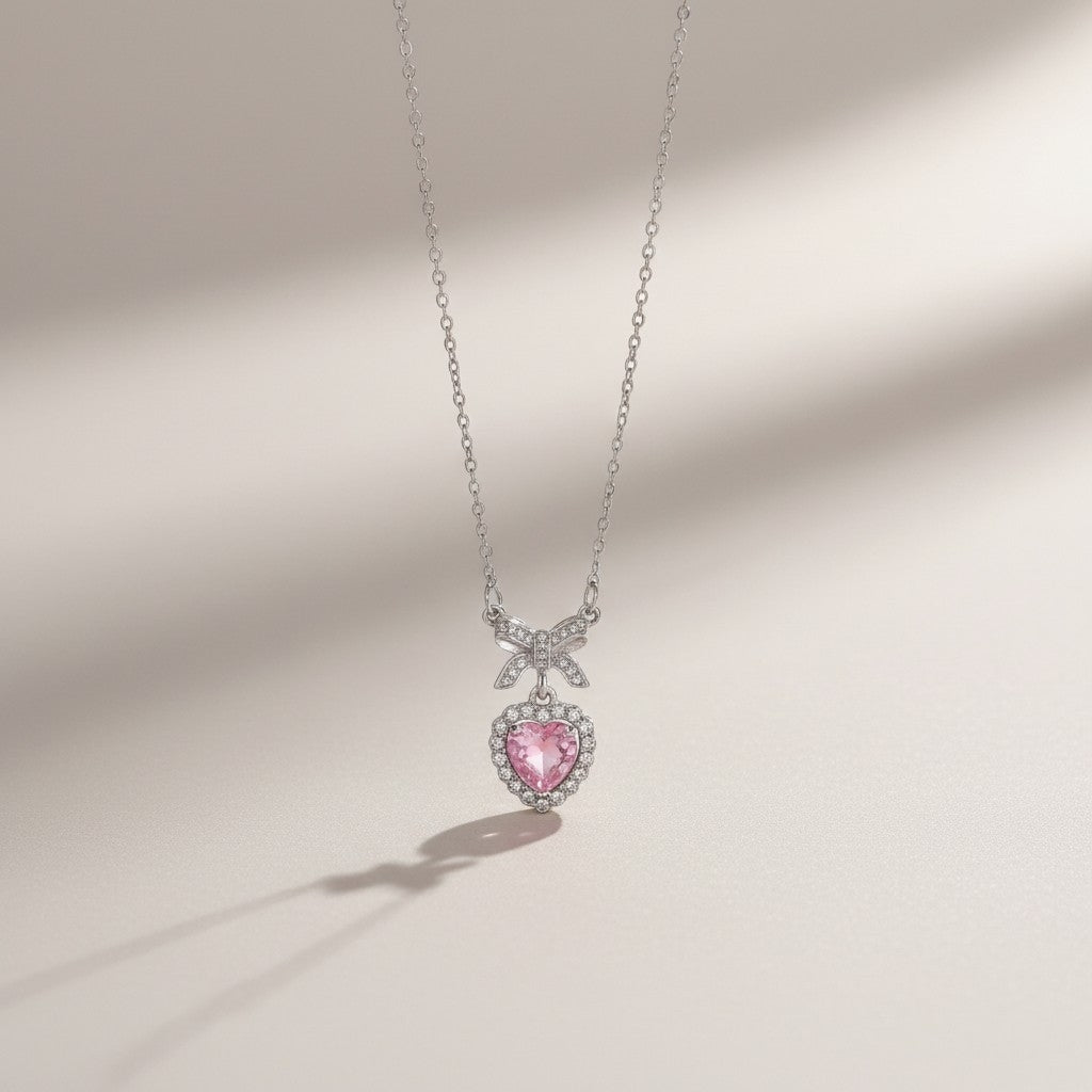 Collar Plateado - Corazón con Piedra Rosa 04