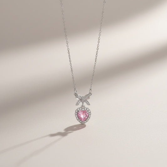 Collar Plateado - Corazón con Piedra Rosa 04