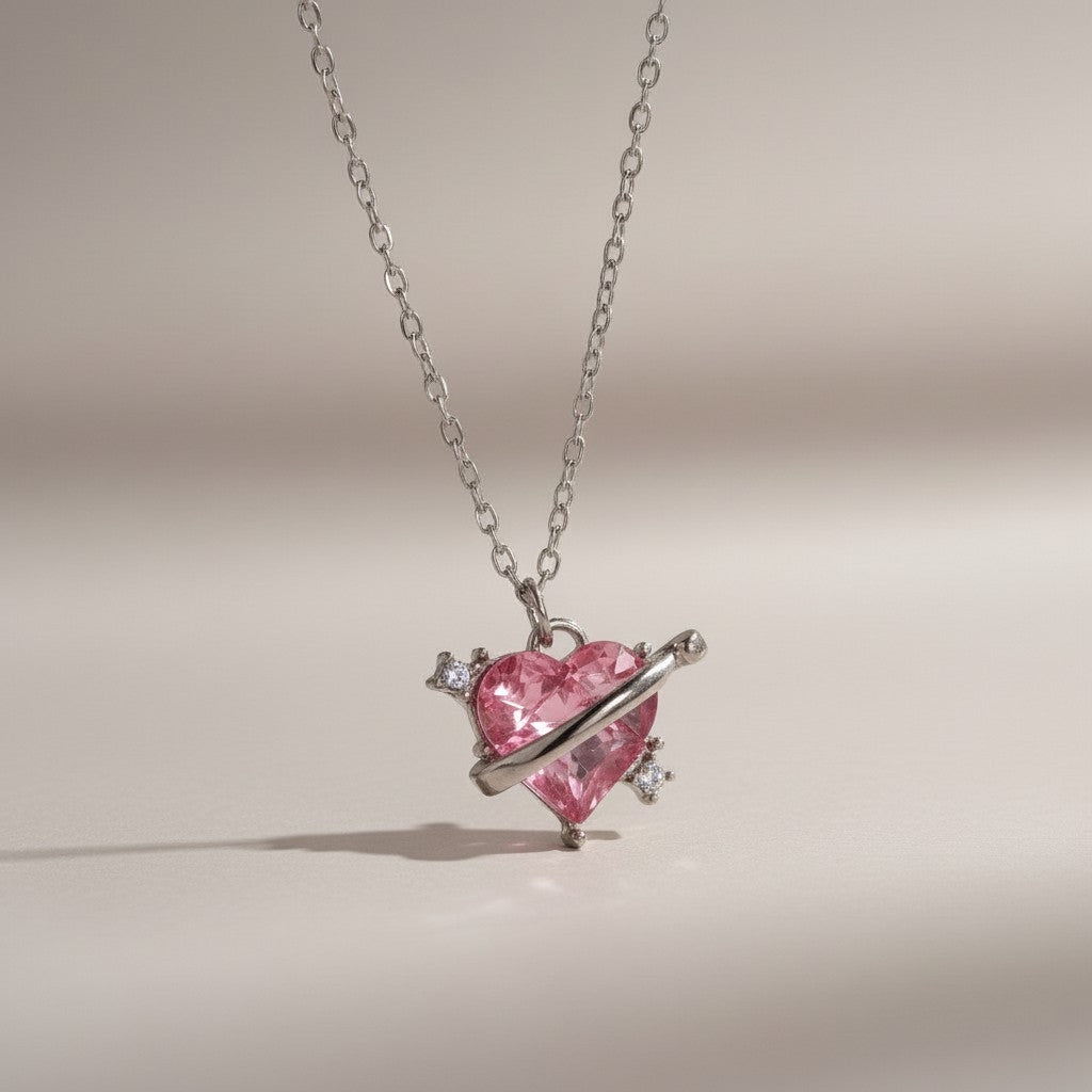 Collar Plateado - Corazón con Piedra Rosa 05