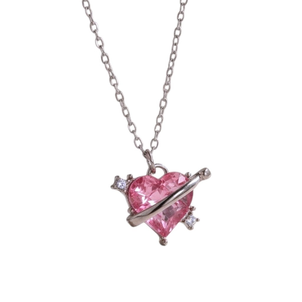 Collar Plateado - Corazón con Piedra Rosa 05