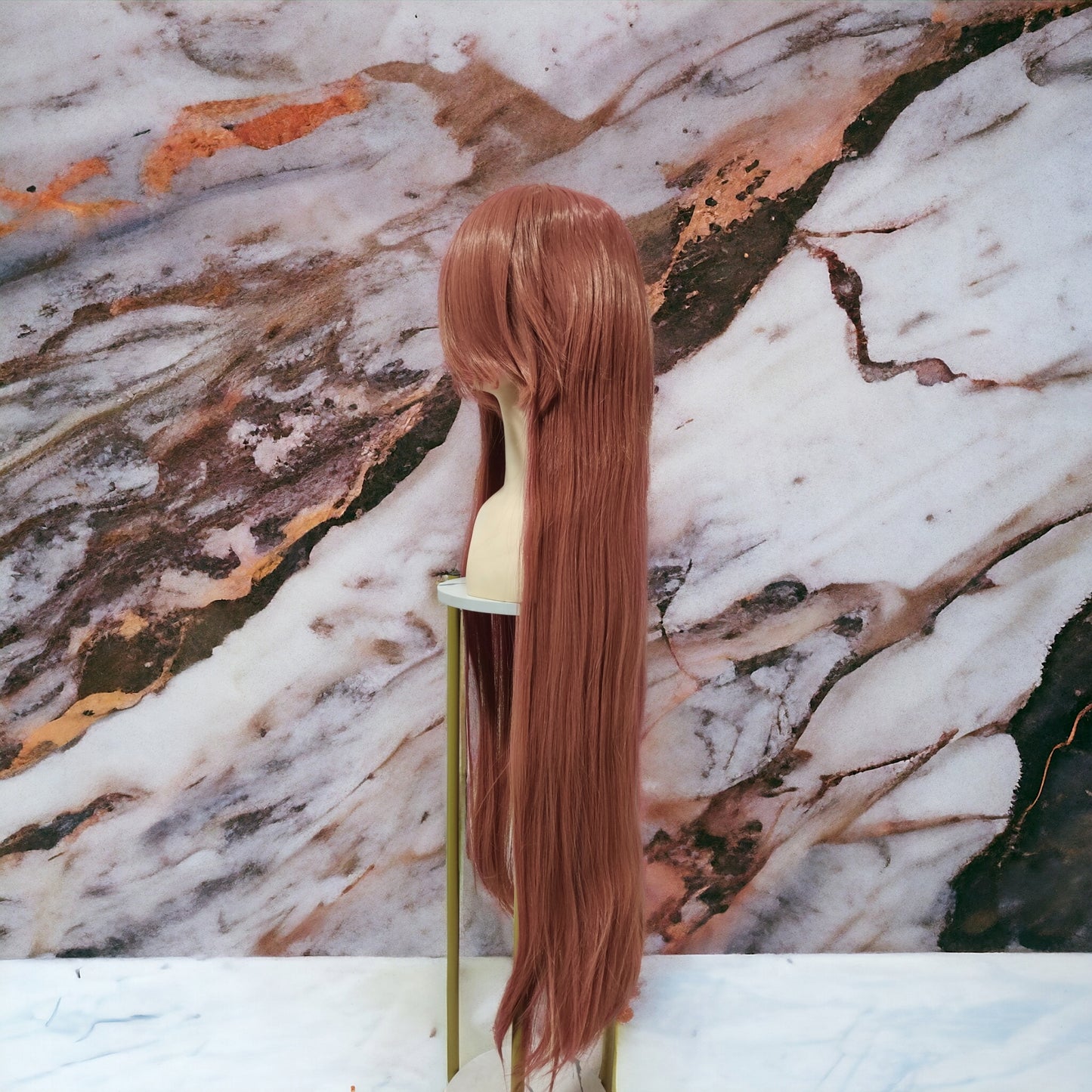 Peluca Naranja Coral Oscuro Larga Lisa con Fleco L.40