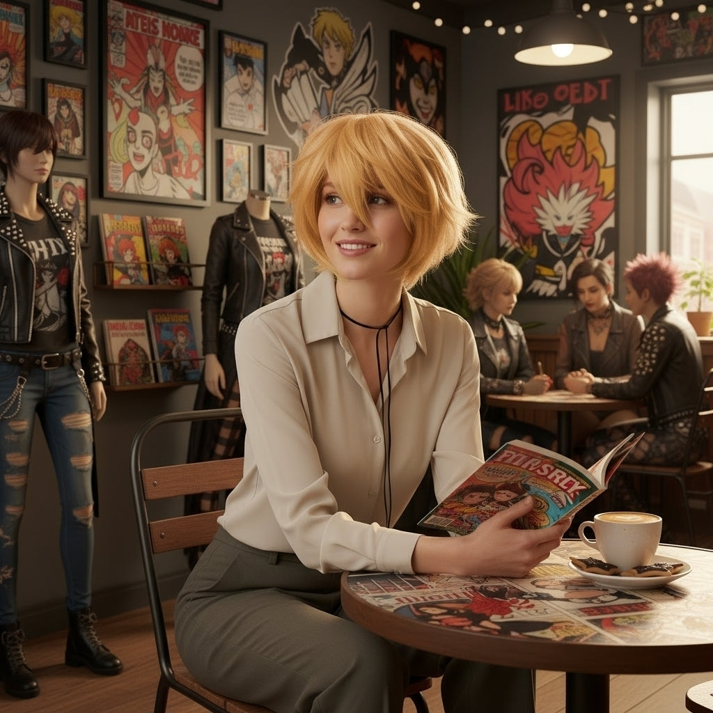 Peluca Dorado Naranja Corta Estilizada para Cosplay