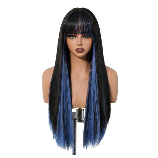 Peluca SH MC Negro con Mechas Color Azul Cabello Liso y Flequillo