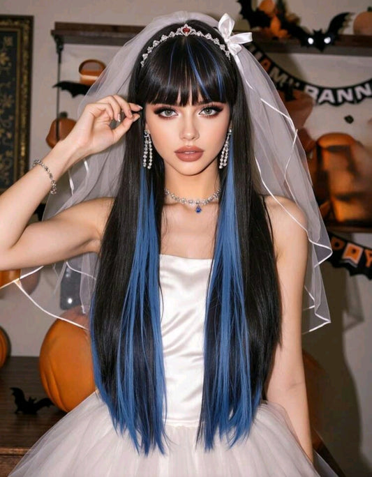 Peluca SH MC Negro con Mechas Color Azul Cabello Liso y Flequillo