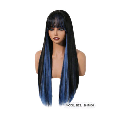 Peluca SH MC Negro con Mechas Color Azul Cabello Liso y Flequillo