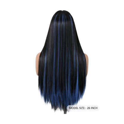 Peluca SH MC Negro con Mechas Color Azul Cabello Liso y Flequillo