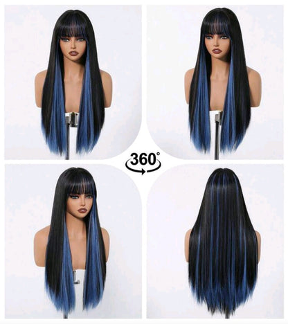 Peluca SH MC Negro con Mechas Color Azul Cabello Liso y Flequillo