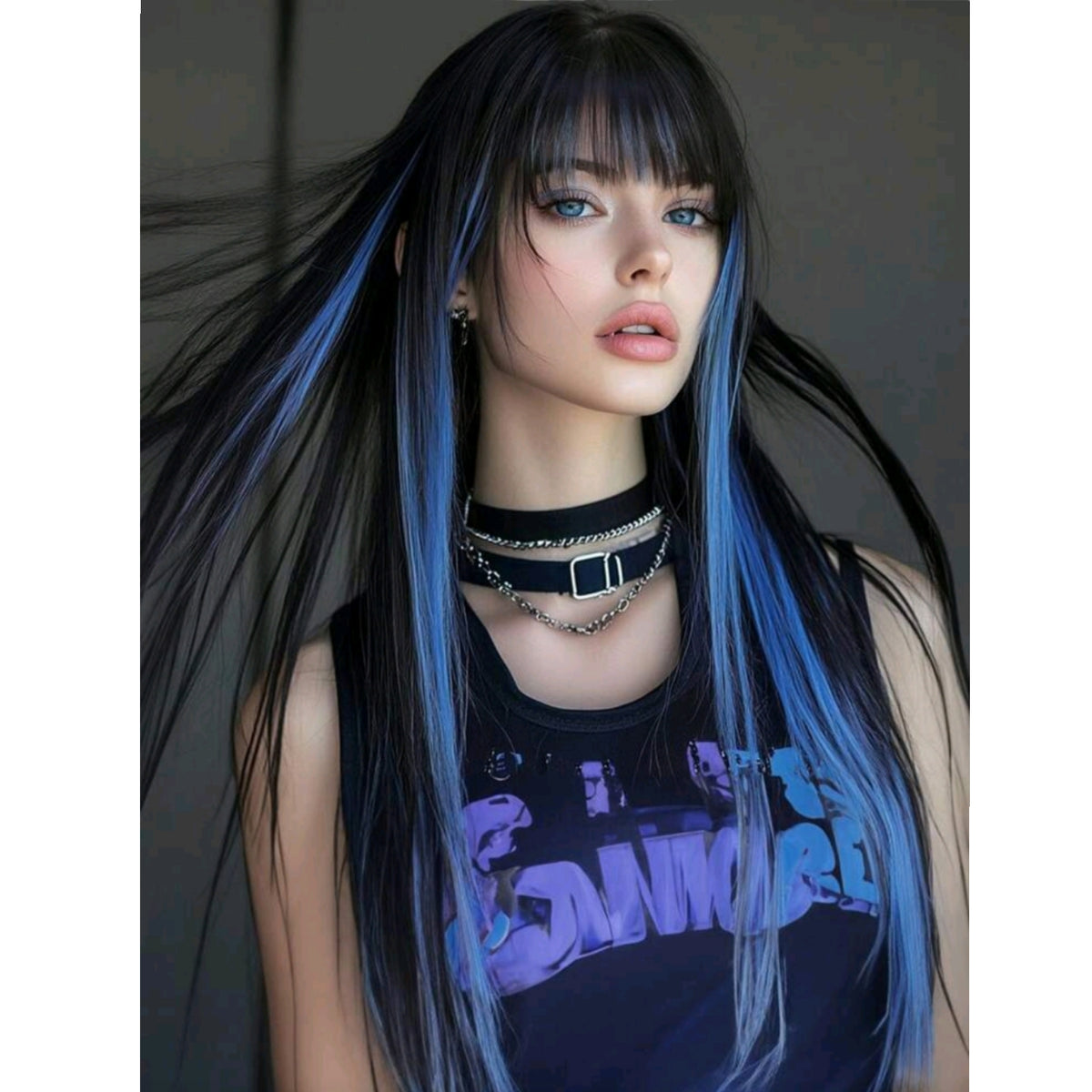 Peluca SH MC Negro con Mechas Color Azul Cabello Liso y Flequillo