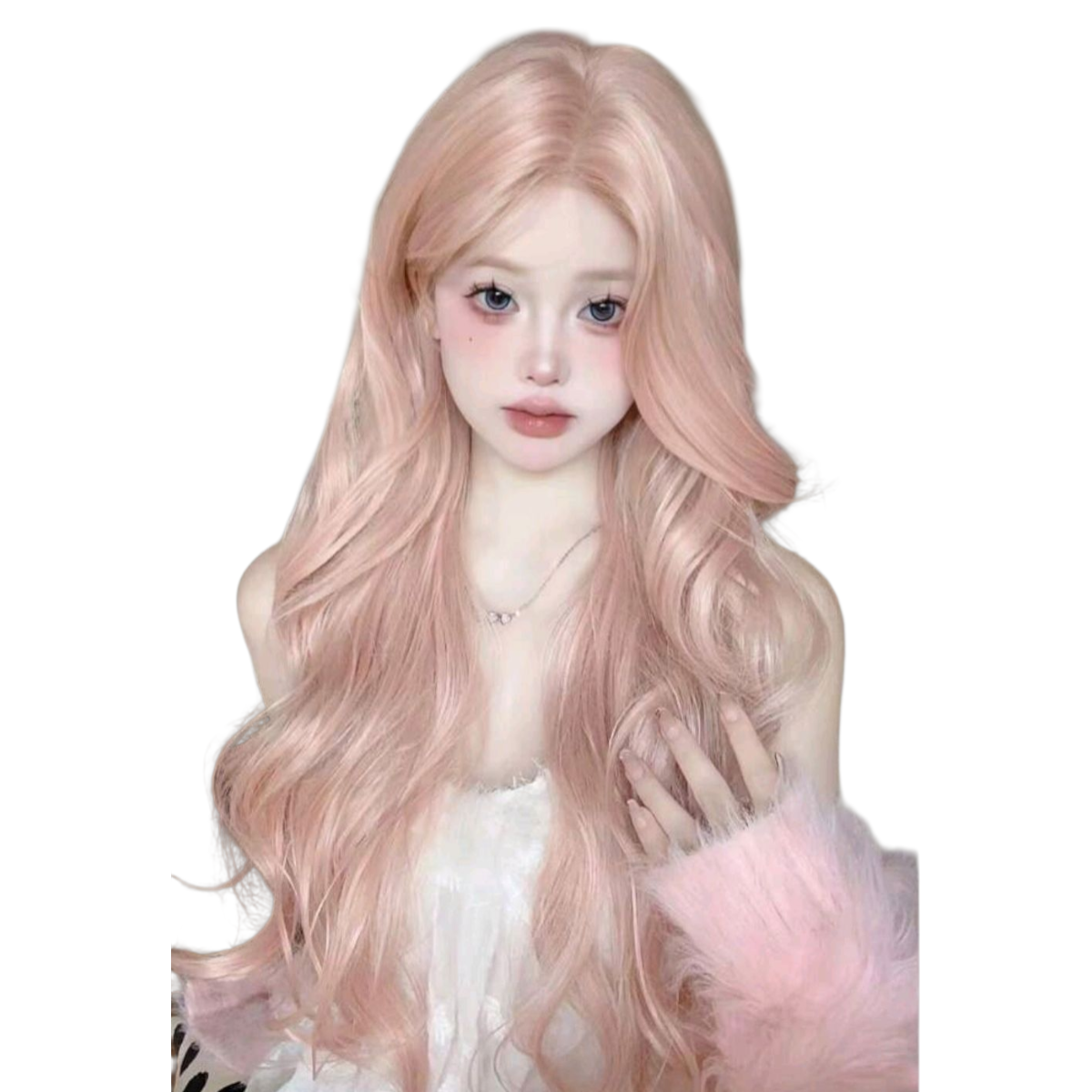 Peluca Rosa Pastel Claro Ondulada Larga Sin Fleco Cosplay