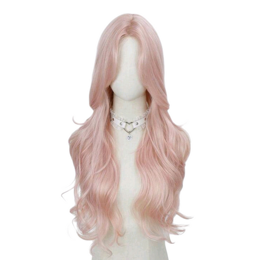 Peluca Rosa Pastel Claro Ondulada Larga Sin Fleco Cosplay