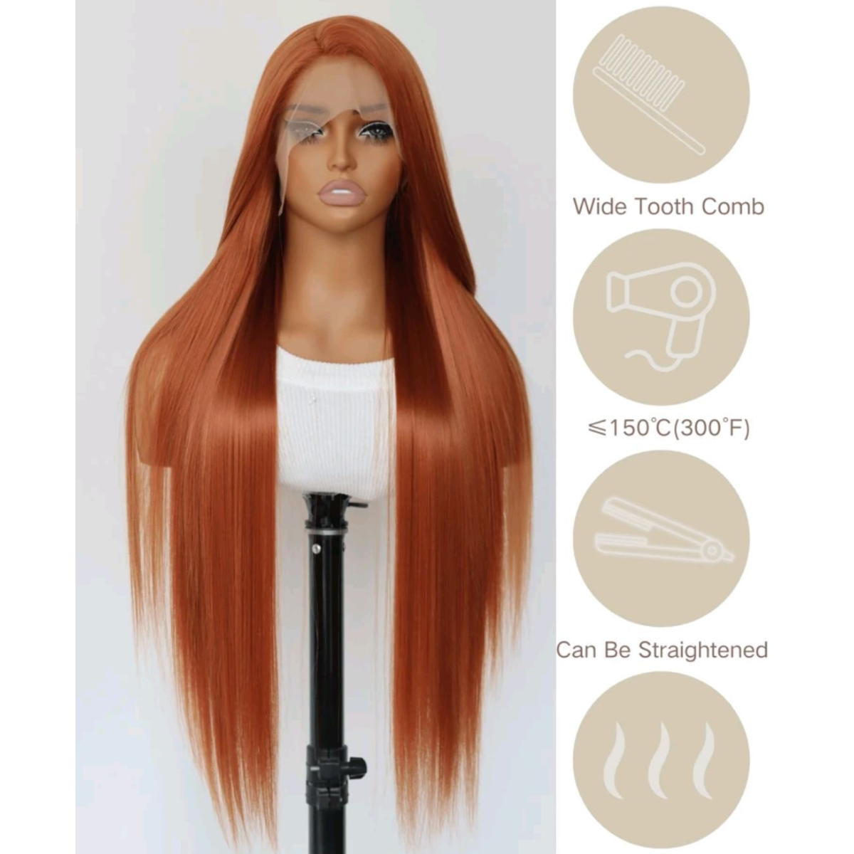Peluca Naranja Mate Simulacion Natural Larga Lisa Lacefront