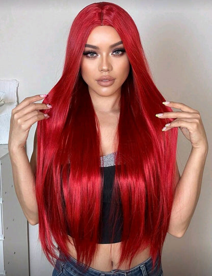 Peluca Rojo Lisa Larga sin Fleco Con Simulacion Raiz SW03