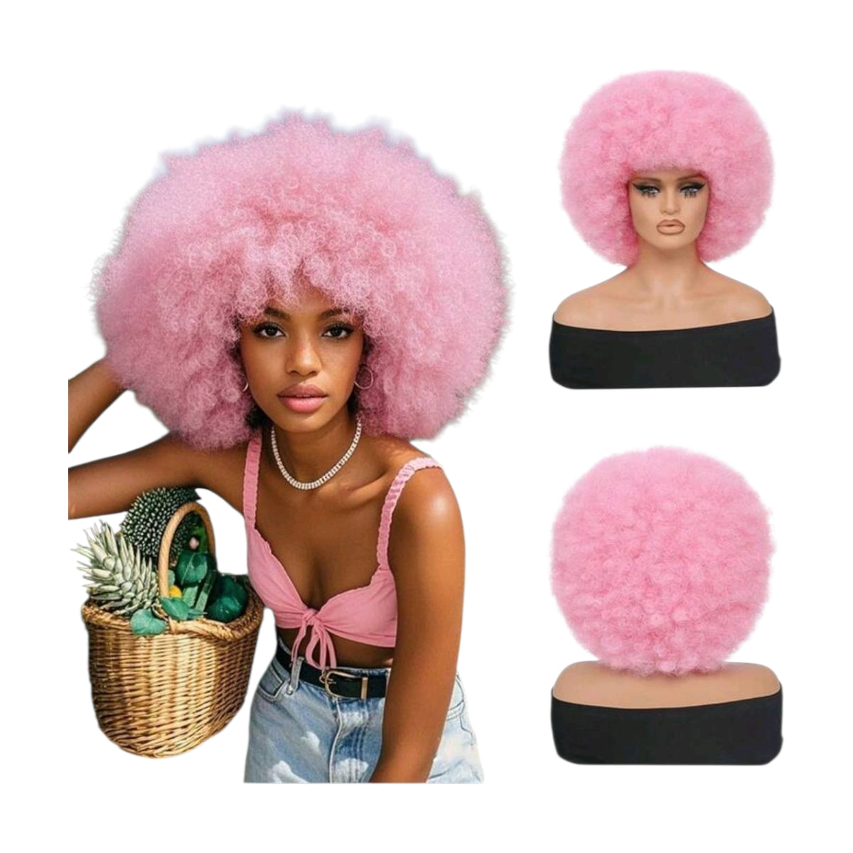 Peluca Rosa Fuscia Rizada Afro Total para Disfraz