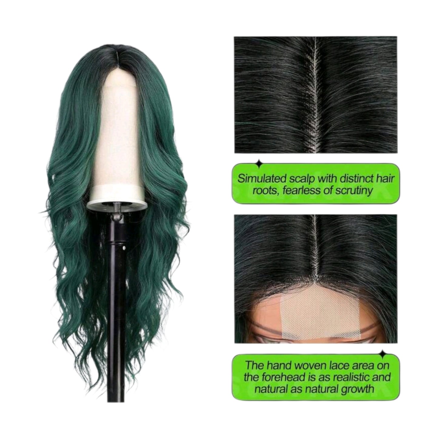 Peluca Verde Oscuro con Raiz Negra Degradado y Lace Ondulada