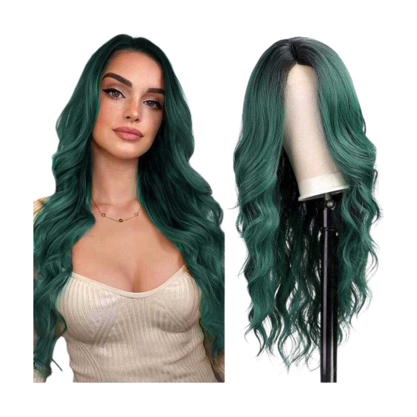 Peluca Verde Oscuro con Raiz Negra Degradado y Lace Ondulada
