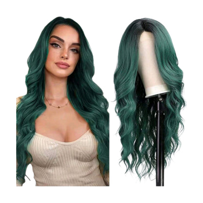 Peluca Verde Oscuro con Raiz Negra Degradado y Lace Ondulada