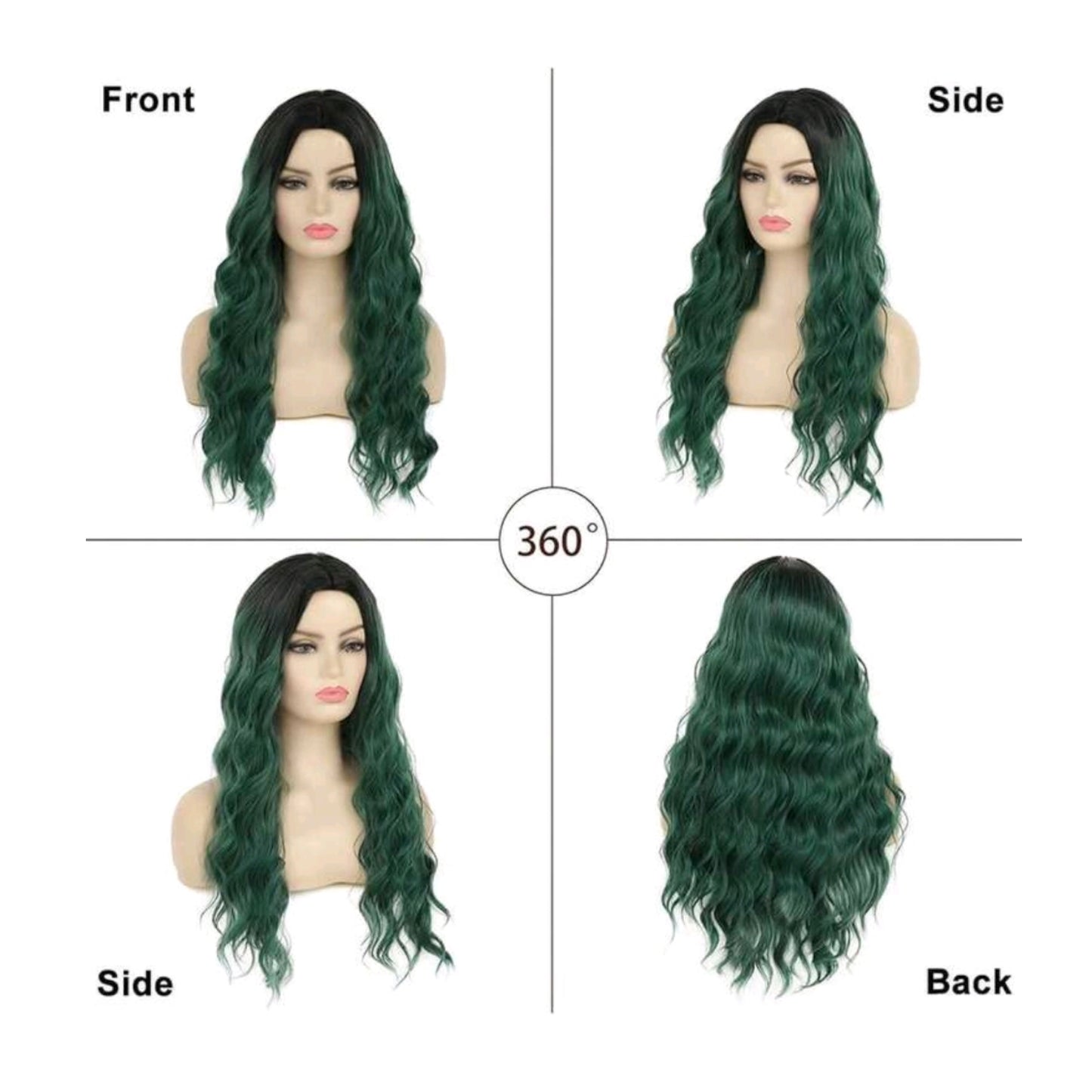 Peluca Verde Oscuro con Raiz Negra Degradado y Lace Ondulada