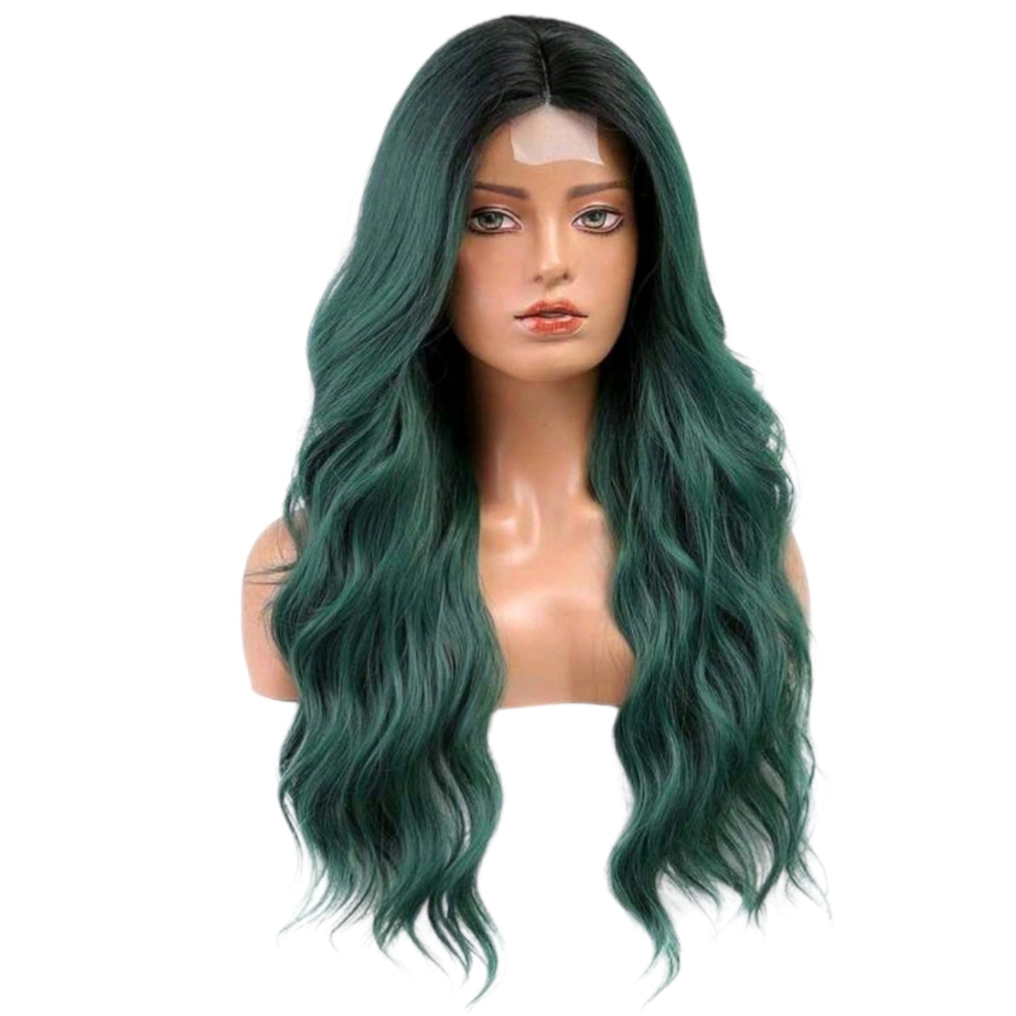 Peluca Verde Oscuro con Raiz Negra Degradado y Lace Ondulada