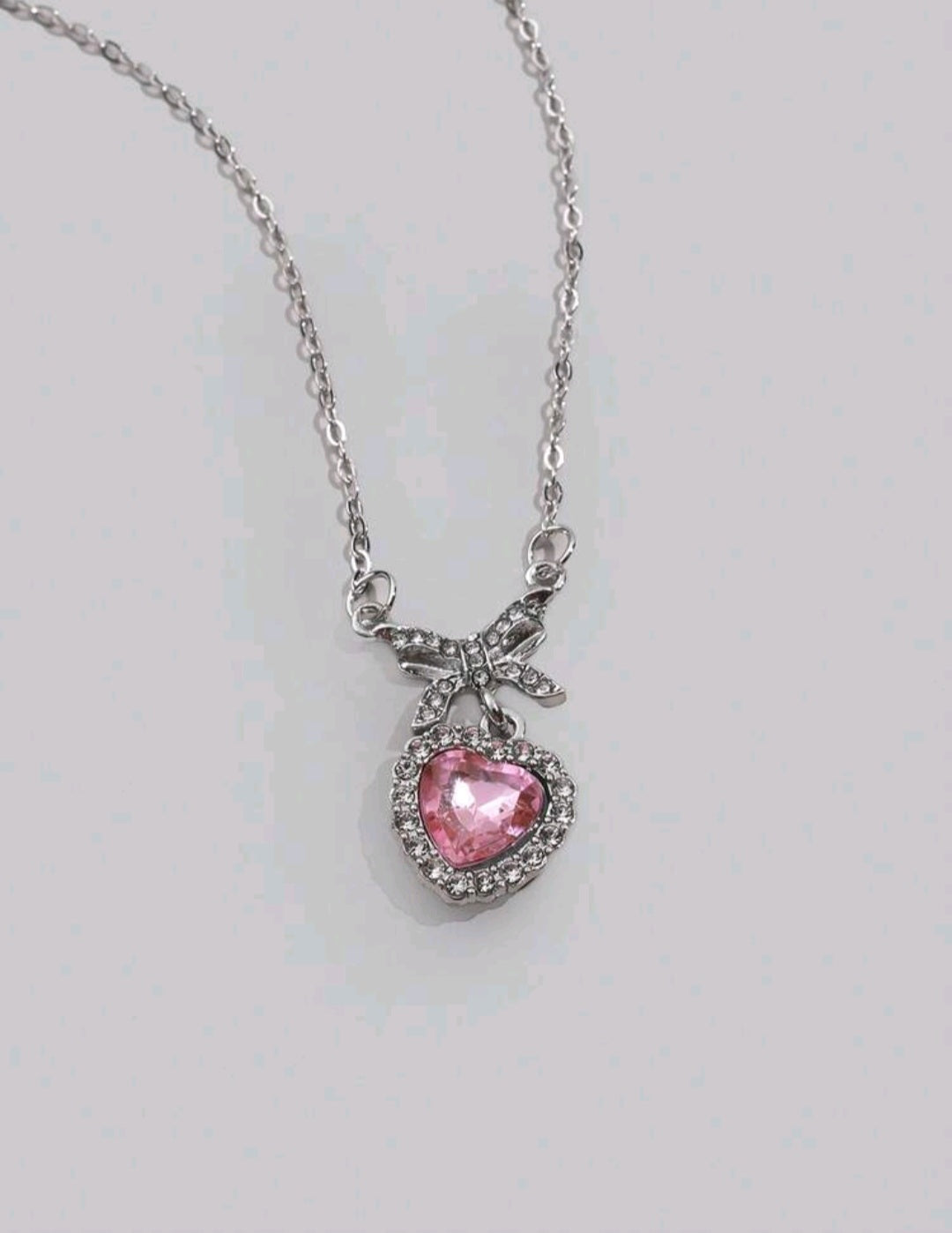 Collar Plateado - Corazón con Piedra Rosa 04