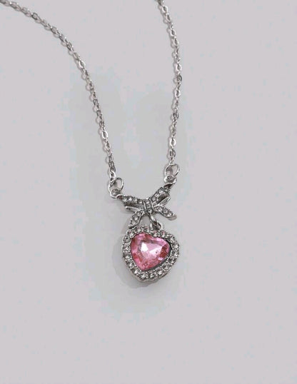 Collar Plateado - Corazón con Piedra Rosa 05