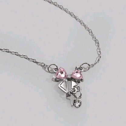 Collar Plateado - Liston Moño con Piedra Rosa