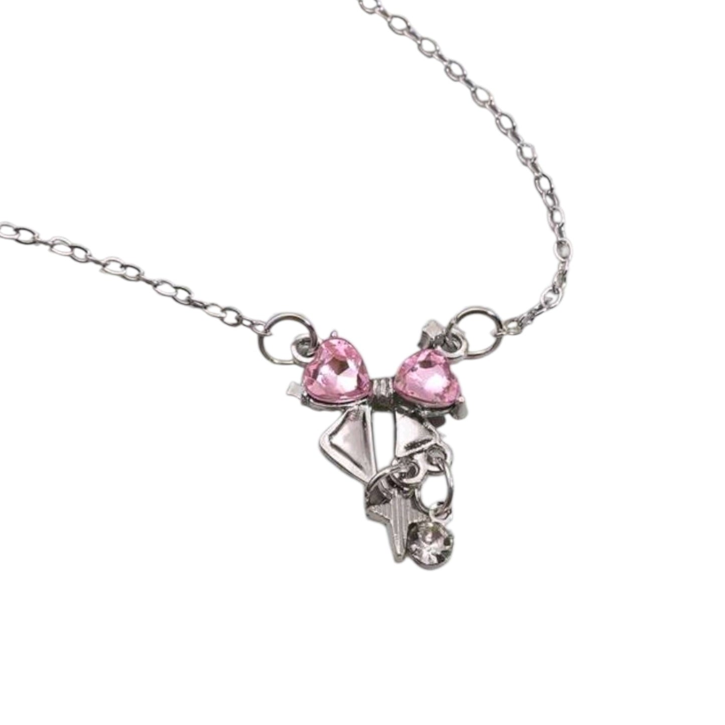 Collar Plateado - Liston Moño con Piedra Rosa