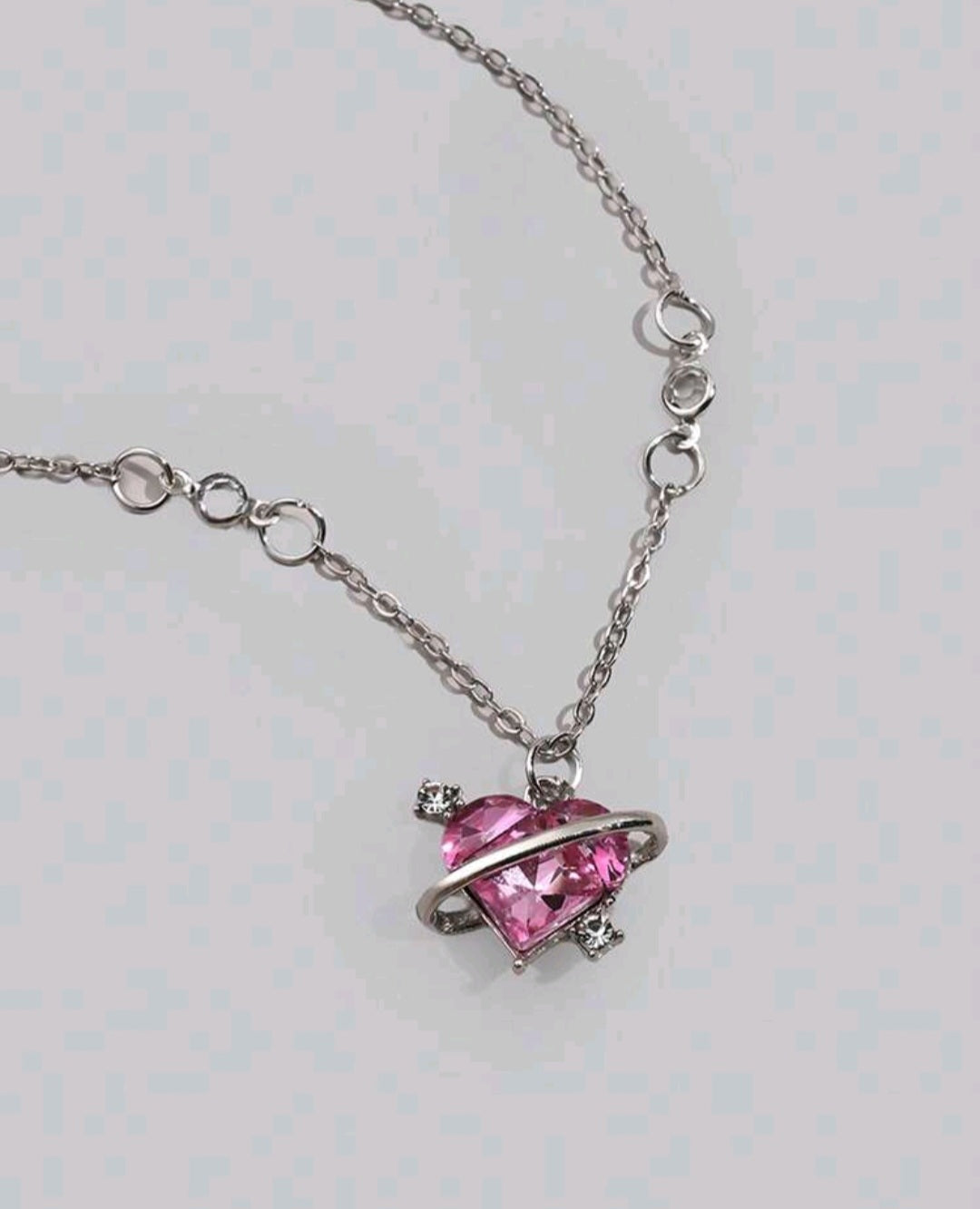 Collar Plateado - Corazón con Piedra Rosa 05