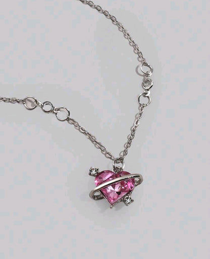 Collar Plateado - Corazón con Piedra Rosa 05