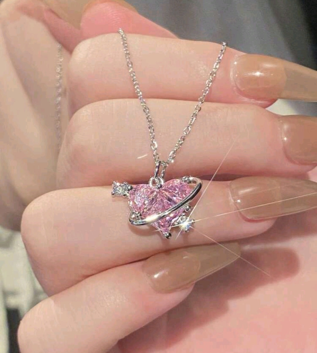 Collar Plateado - Corazón con Piedra Rosa 05