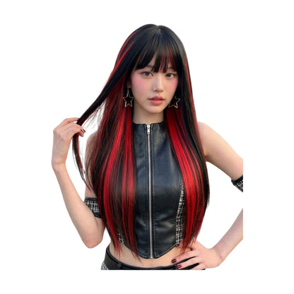 Peluca Negro con Mechas Color Rojo Cabello Liso y Flequillo