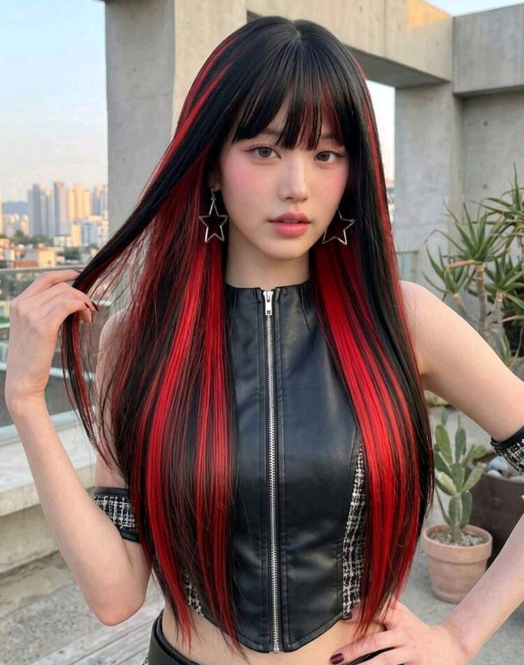 Peluca Negro con Mechas Color Rojo Cabello Liso y Flequillo