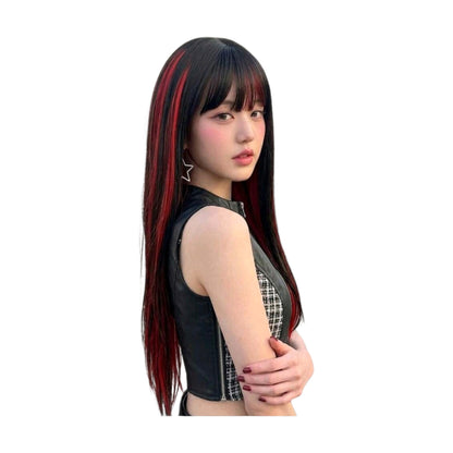 Peluca Negro con Mechas Color Rojo Cabello Liso y Flequillo